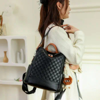 Soft leather backpack men luxury checkerboard Women's Fashion Outdoor Travel Backpack Casual Ladies Backpack