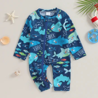 Baby Boy Shark/Spider Print Swimsuit Infant Toddler Boys Swimwear Rash Guard Zipper 1 Piece Long Sleeve Beach Bathing Suits