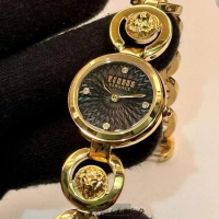 VERSUS VERSACE28mm圓形金色精鋼錶殼黑色錶盤精鋼金色錶帶款VV00378
