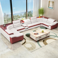 MANBAS Italian Cow Genuine Leather Couch Set Big Sofas Modernos Para Sala with Speaker, Bluetooth Audio, USB Charging,Storage