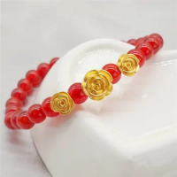 1pcs Pure 999 24K Yellow Gold Women Lucky Flower Beads Bracelet Fine Jewelry