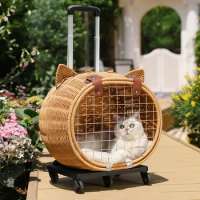 Pets Out Carrier for Dogs Handmade Rattan Dog Cage Small Dog Pomeranian Dog Basket Silent Pulley Dog Transport Cage