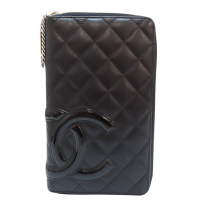 【二手名牌BRAND OFF】CHANEL 香奈兒 黑色 羊皮 康朋 拉鍊長夾 (無卡)
