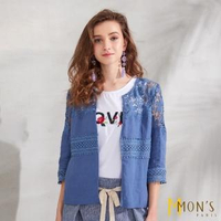 【MON’S】度假風鏤空蕾絲亞麻外套(100%亞麻)