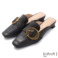 DIANA 3.5cm 質感羊皮金屬圓方尖頭環穆勒鞋-時尚雅痞-黑