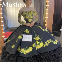 Mexican Charro Black Quinceanera Dress 2023 Organza Ruffles Sweet 15 Birthday Dress Lace Up Vestidos De XV Años Flower Prom Gown