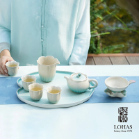 【LohasPottery 陸寶】清荷雅境茶禮-碧荷白(窯變釉 茶具套組 兩件式茶濾 蓮葉茶盤)