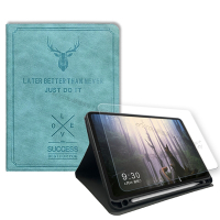 二代筆槽版 iPad Pro 12.9吋 2021/2020/2018版通用 北歐鹿紋平板皮套(蒂芬藍綠)+9H玻璃貼(合購價)
