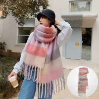 ผ้าพันคอ Mohair ลายทางและพู่, สำหรับผู้หญิง, สไตล์เกาหลี, หนาและอบอุ่น, คุณภาพระดับไฮเอนด์, ใหม่สำหร