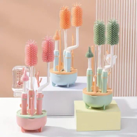 Portable 6 in 1 Baby Bottle Cleaner Set with Drying Rack 2 Silicone Baby Bottle Brushes Straw Brush Storage Box