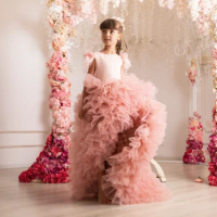Flower Girl Dress For Wedding Puffy Skirt with Train 2024 Fluffy High-Low Princess Birthday Dress Pageant Baby Girls Gowns