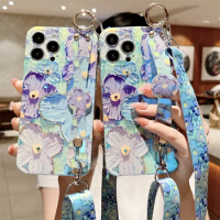 Blue Light 3D View Flowers Rhinestone Case For OPPO Reno 10 Pro Plus 9 8T 7SE 6Z F19Pro Find X6 Cover Soft Silicone Stand Strap