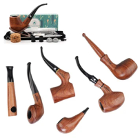 MUXIANG Importe Rosewood Classic Smoking Pipe 3/9mm Filter Bent Tobacco Pipe Gold Ring Wood Pipe with Smoke Pipe clean Accessory