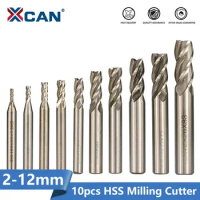 XCAN HSS Milling Cutter 10pcs 2/3/4/5/6/7/8/9/10/12mm HSS End Mill for Wood Metal CNC Machine Milling Tool Cutter Router Bit