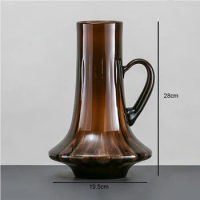 Chinese Retro Amber Glass Vase with Handle Living Room Vase Flower Arrangement Hydroponic Decoration Home Decoration Accessories