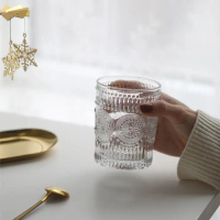 Gelas Retro Kaca 300ml – Desain Bunga Matahari Elegan, Cocok untuk Teh, Kopi, Jus & Minuman Dingin/P