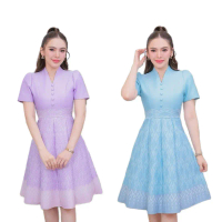 New item งานผ้าทอ สีม่วง พร้อมส่ง S-M-L-XL-2Xl-3Xl-4Xl-5Xl N809 ชุดเดรสผ้าทอคอปีน แต่งกระดุมหน้า