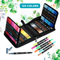 Art Markers Set Dual Tip Brush Pens Brush and Fine Tips 120 Colored Pens for Children Adults Artists Drawing Sketching Writing