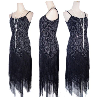 Black Women's 1920s Sequin Paisley Pattern Sleeveless Flapper Black Dress Sexy Fringe Great Gatsby Party Dress Plus Size