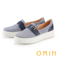 【ORIN】條紋布拼接牛皮金屬飾厚底休閒鞋(藍色)