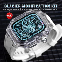 Glacier Luxury Modification Kit for Apple Watch Ultra 9 8 7 41MM 45MM Transparent Case&amp;Silicone Strap for IWatch 6 5 SE 40 44MM
