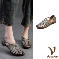 【Vecchio】真皮涼鞋 低跟涼鞋/真皮頭層牛皮復古縷空編織百搭低跟涼鞋(灰)