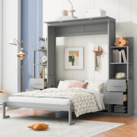 Queen Size Murphy Bed Wall Bed with Shelves, Drawers and LED Lights,Gray