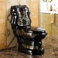 One Piece Black Closestool WC Pan Cyclone Fluishing S-Trap Floor Mounted Luxious Villa Bathroom Seat Toilet Wash Down Toilet WC
