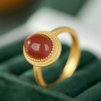 鍍S925銀仿南紅戒指鑲嵌南紅瑪瑙蛋面幾何型復古宮廷風開口指環