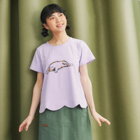 【Dailo】懶散貓咪花瓣襬棉質短袖上衣(白 綠 紫)