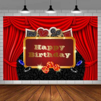 Happy Birthday Banner Casino Photography Backdrop Red Curtain Chip Dice Las Vegas Party Background Decorations Banner Supplies