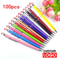 100 Packs of 13-color Mini Metal 2-in-1 Stylus Universal Ballpoint Pen Custom Logo Text Engraving Office School Advertising Pen