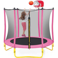 66'' Trampoline for Kids with Basketball Hoop, Rubber Ball and Enclosure Net, 5.5FT Mini Small Trampoline Toys Indoor Outdoor