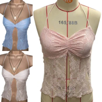 Womens Halter V-Neck Ruched Chest Bodycon Lace Crop Top Aesthetic Sexy Bandages Backless Split Front Camisole Mini Vests