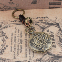 簡約鑰匙圈青古銅玫瑰花石英懷表復古個性創意表男女鑰匙扣掛表