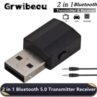 Grwibeou USB Bluetooth 5.0 Adapter 2 In 1 Wireless Audio Transmitter Receiver With 3.5mm Jack AUX For TV PC Headphones Home Car