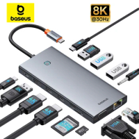 Baseus 8K@30Hz USB HUB Type C to DP HDMI-compatible 13-In-1 4K 60Hz 120Hz RJ45 VGA Converter PD 100W USB 3.0 2.0 For Macbook PC