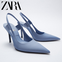 ➮Zara ใหม่ รองเท้าส้นเข็ม หัวแหลม สีฟ้า สําหรับผู้หญิง