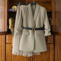 Plus Size Women's Suit Blazer Dress Long Jacket Mesh Dresses Two Piece Set With Belt Elegant Women Winter Coat Dress Set