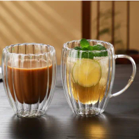Stripe Double Wall Glass Heat Resistant Glasses Water Cup Breakfast Oatmeal Milk Coffee Cup hisky Espresso Mug