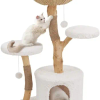 Unipaws large cat tree tower with scratching post, cat tree house, wooden cat climbing tower white