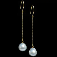 10-11MM White Genuine South Sea Pearl Long Drop Earrings 18K Yellow Gold