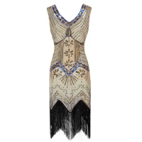 Women Vintage 1920s Diamond Sequined Embellished Fringed Great Gatsby Flapper Dress Retro Tassle Croche Midi Party Dress