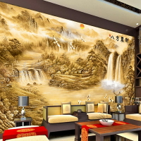 中式山水畫墻紙上門定制客廳電視背景書房公司辦公室招財裝飾壁布