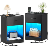 End Tables With Open Storage Nightstands With Charging Station &amp; LED Light Strips Side Tables Bedroom