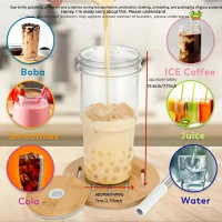 【Ahot】 750ML Glass Cup Wooden Lid Bubble Tea Cold Drinking Coffee Wine Juice Milk Transparent Straw 