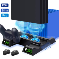 PS4 Pro Slim Vertical Stand 2 Cooling Fan 2 Controller Charger Station 12 Game Slot for Playstation 4 PS 4 Console Accessories