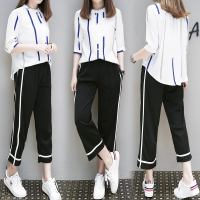 FINDSENSE G6 韓國時尚 新款 條紋 兩件套 女裝 五分袖 雪紡 襯衫 闊腿褲 九分褲 套裝
