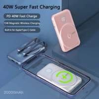 20000mAh Power Bank Built in Cable 15W Magsafe Wireless Charger For iPhone 15 Samsung Huawei Xiaomi 40W Fast Charging Powerbank
