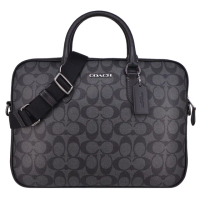 【COACH】LIAM系列 紳士風 男士 PVC LOGO皮革 寬版背帶 公事包 肩背包(經典黑灰)